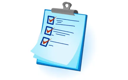Blue clipboard with three checked checkboxes and lines of text, representing a completed task list or checklist