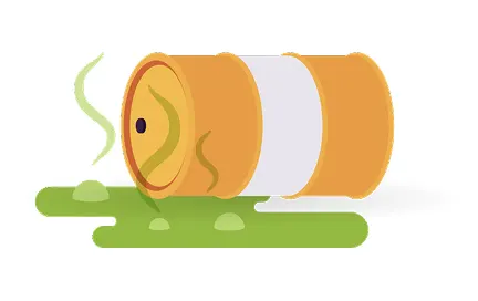 Orange barrel with white band lying on green ground with smoke wisps rising from left side
