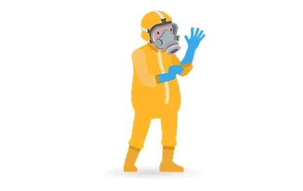 Construction worker in yellow safety suit and hard hat waving with blue gloved hand