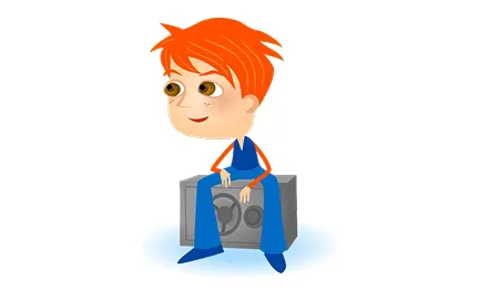 Cartoon character with orange hair sitting on a gray briefcase wearing a blue cape
