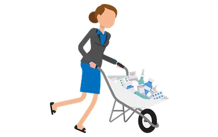 Woman in business attire pushing a wheelbarrow filled with pharmaceutical bottles and medical waste containers