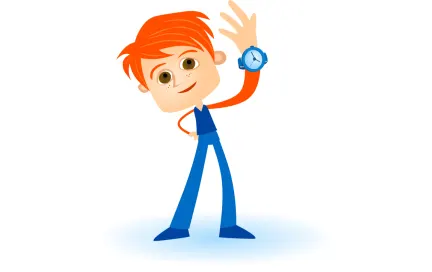 Cartoon character with orange hair wearing a blue outfit, holding up a clock with one hand raised
