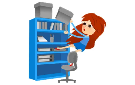 Cartoon illustration of a woman with red hair in blue clothing reaching toward a blue shelving unit with books and storage boxes, with a gray office chair below