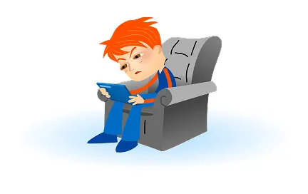 Worker in blue uniform sitting in gray chair reading blue document
