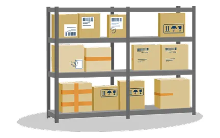 Warehouse shelving unit with three levels storing cardboard boxes, packages with barcodes, and labeled containers in tan and orange colors