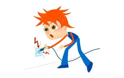 Cartoon character with spiky orange hair receiving electrical shock from a wall outlet, illustrating electrical hazard