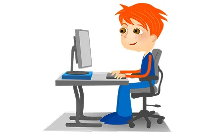 Child with orange hair sitting at desk with computer monitor, keyboard, and mouse, demonstrating proper seated posture at workstation