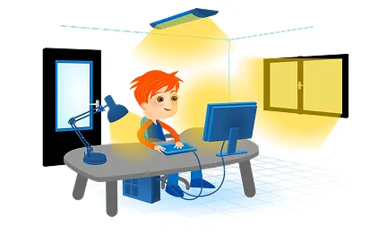 Cartoon character with orange hair sitting at desk with computer, desk lamp, and window, illustrating energy management in a workspace
