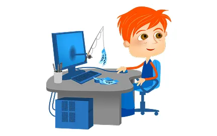 Cartoon boy with orange hair sitting at desk with blue computer monitor, keyboard, and mouse