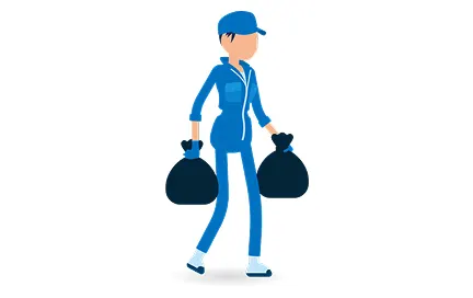 Worker in blue uniform and cap carrying two black waste bags