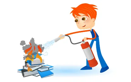 Boy with orange hair spraying water from a hose onto a fire on a metal platform