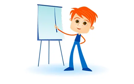 Boy with orange hair in blue suit pointing at blank flipchart with pointer stick