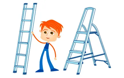 Cartoon character with orange hair waving next to two blue ladders