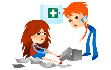 Person with orange hair calling emergency services while another person with brown hair provides first aid to an injured person lying on the ground, with a first aid kit symbol