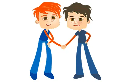 Two cartoon men with orange and brown hair shaking hands while pulling in opposite directions, illustrating conflict resolution