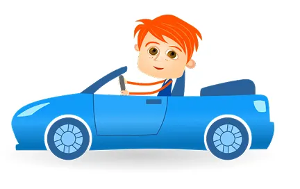 Boy with orange hair sitting in a blue convertible car with the door open