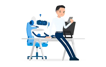 Man sitting at desk interacting with a blue artificial intelligence robot