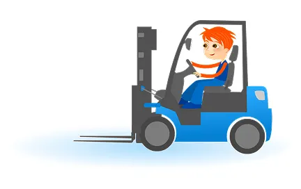 Blue forklift with operator wearing orange hard hat and blue uniform, shown in side view with extended fork