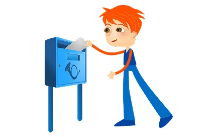 Person with orange hair in blue clothing depositing a document into a blue mailbox
