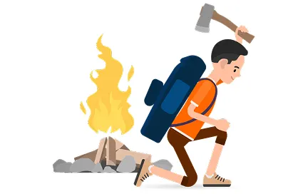 Person in orange shirt running with axe and backpack, jumping over campfire with yellow flames