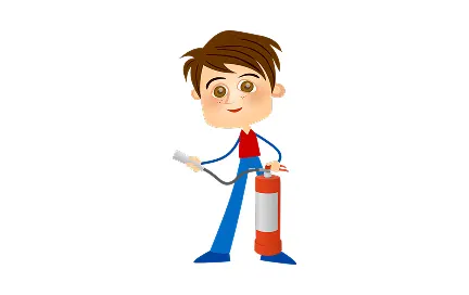 Cartoon illustration of a young male contractor in blue work clothes holding a fire extinguisher and wrench