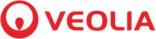 Veolia logo s červeným kruhem a bílým symbolem, text Veolia v červené barvě